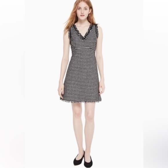 Kate Spade NWT Houndstooth Sheath Dress Sleeveless Fringe Trim Chic Tweed - Picture 2 of 9